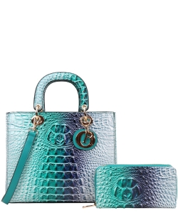 2in1 Tie-Dye Croc Satchel Wallet Set CE9143W TURQUOISE